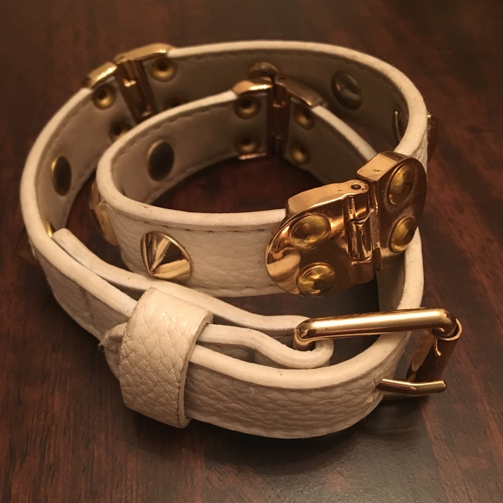 White Leather and Gold Studded Bracelet